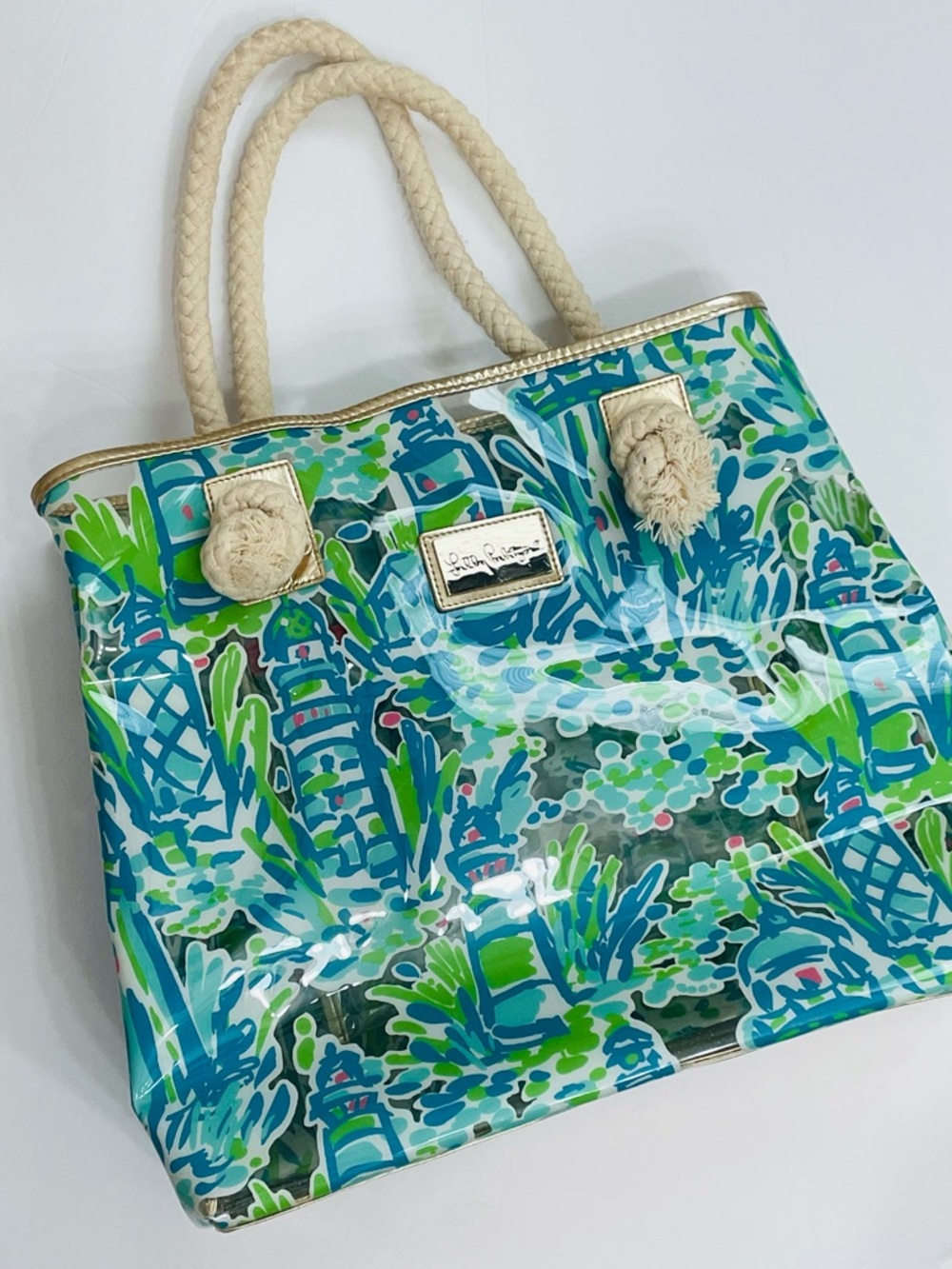 Lilly Pulitzer plastic beach tote Shoreline with braided handles 16 x13